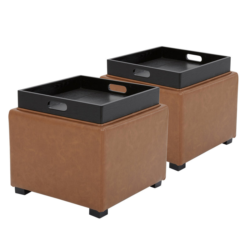 Brytnee Faux Leather Ottoman, Saddle Brown Faux Leather