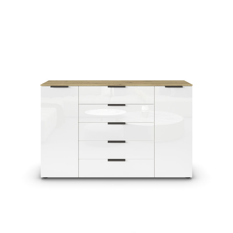 Flipp 5 Drawer 160Cm W Combo Dresser, Artisan Oak/White Glass/Graphite