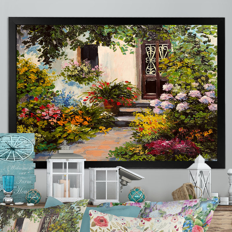 Fleurs colorées dans une maison méditerranéenne II - reproduction d'art sur toile, Toile avec cadre noir