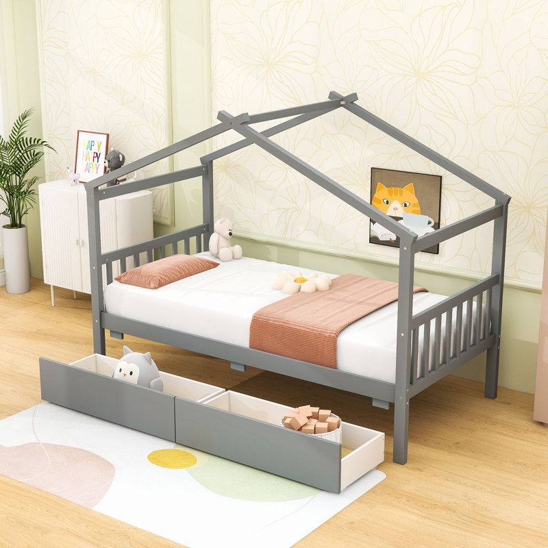 Twin Size Wooden House Bed With Drawers, Gray