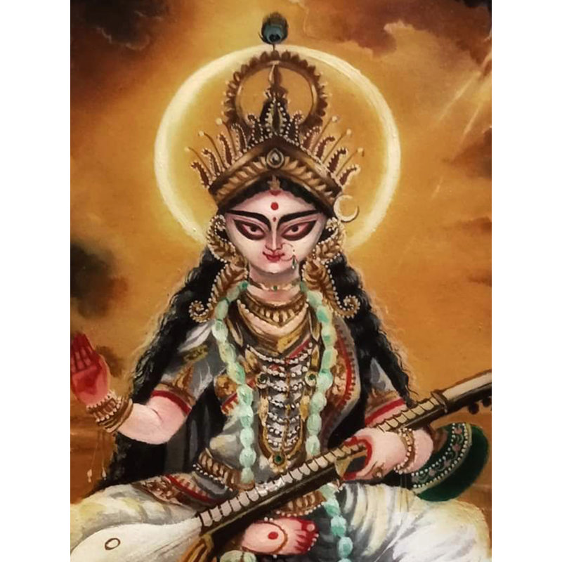 Déesse assise Saraswati | Acrylique sur toile | Par Debasish Mazumder