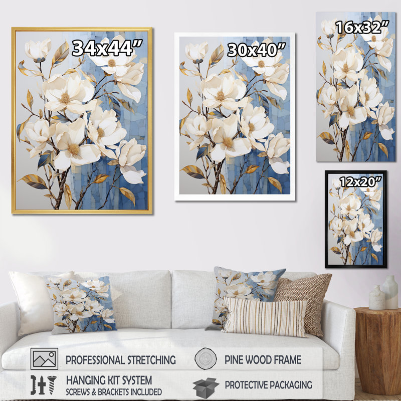 «Elegant White and Blue Magnolias Bloom II», reproduction sur toile, Toile tendue, 32" H x 24" W