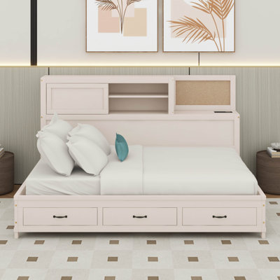 Full Size Wooden Daybed With 3 Storage Drawers, Upper Soft Board, Shelf, And A Set Of Sockets And USB Ports