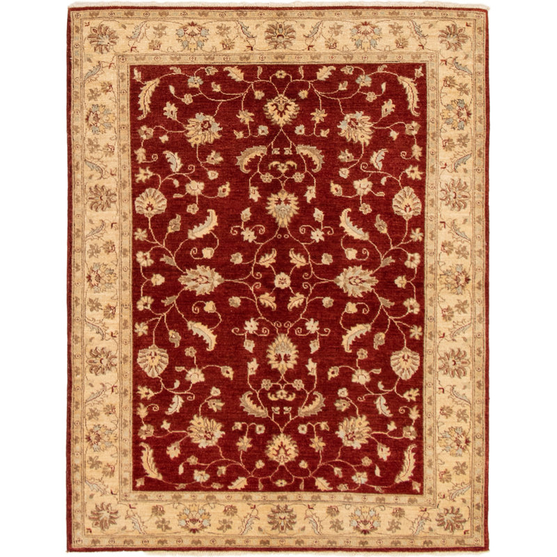 Tapis en laine rouge foncé/ivoire 5 pi x 6 pi à la main one-of-kind-noué la 2010 chobi Hirano