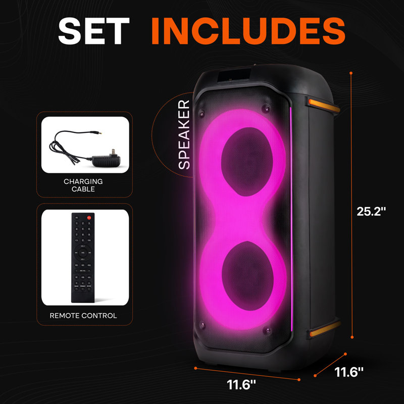 Système de haut-parleurs de fête Pyle Bluetooth compact Pyle - Machine de karaoké portable 160 W avec batterie intégrée, TWS, priorité au micro, USB / SD / BT / FM, lumières DEL clignotantes, haut-parleurs doubles de 6,5 po, 11,6 po x 11,6 po x 25,2 po