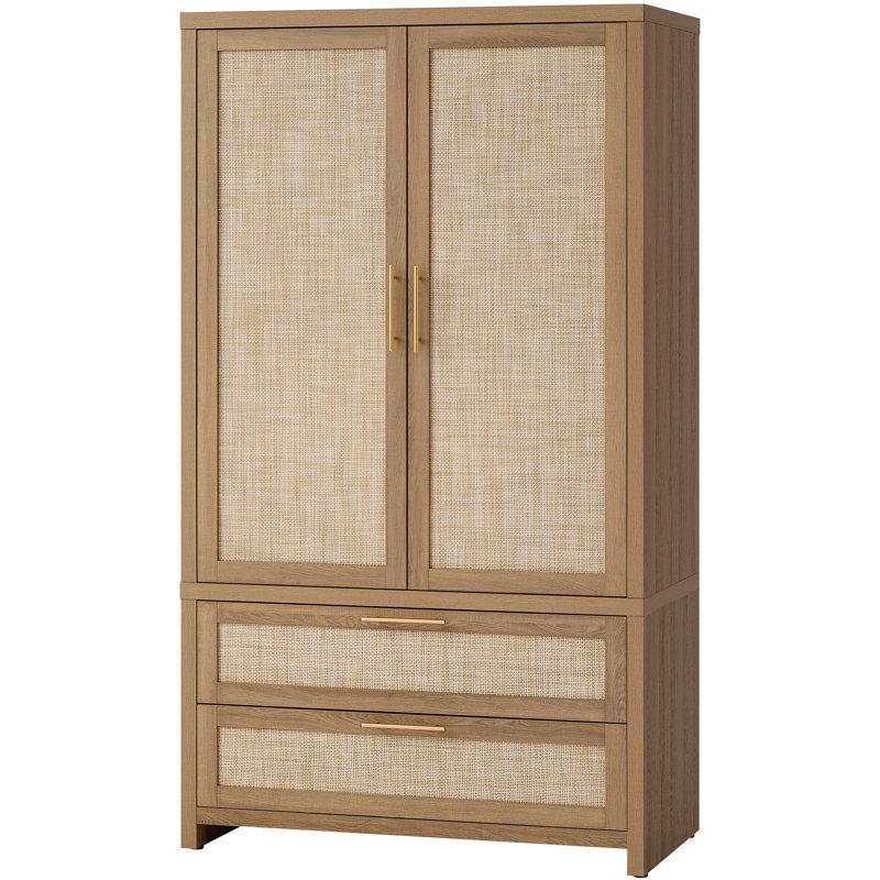 70.86'' H Bohemian - Inspired Rattan Armoire With Adjustable Shelves, Multi - Functional Storage Cabinet With 2-Door And 2-Drawer