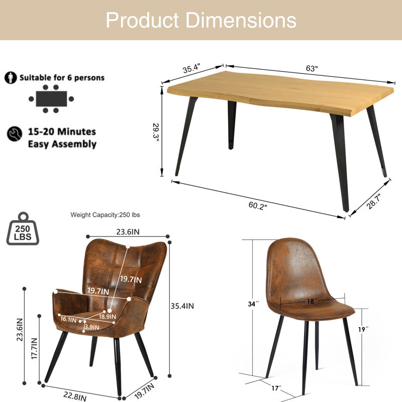 7-Piece Dining Table Set for 6, Wave-Edge Dining Table with 6 Upholstered Chairs Contemporary Dining Room Home Dining Furniture