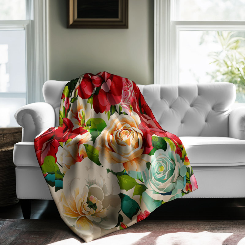 Motif Groovy - 1 pièce Sherpa Premium, Lit simple, Rouge / blanc / bleu floral