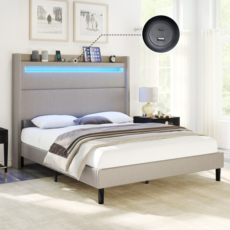 Grand lit plateforme tapissier 50 "avec lumières DEL Cendi, gris, Gris, Grand lit