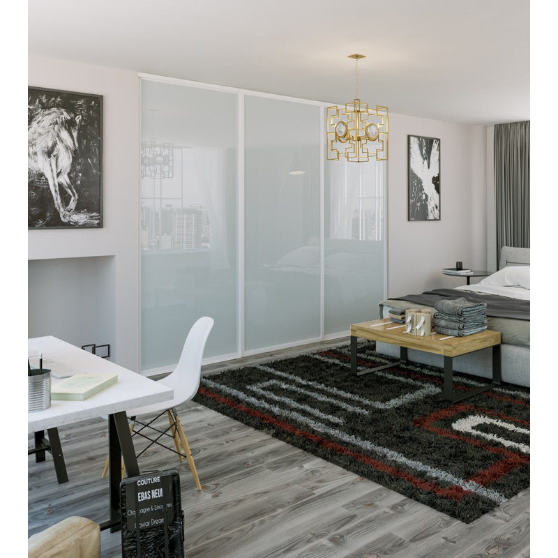 Placard coulissant 3 panneaux en verre givré, Blanc, 72 po x 96 po
