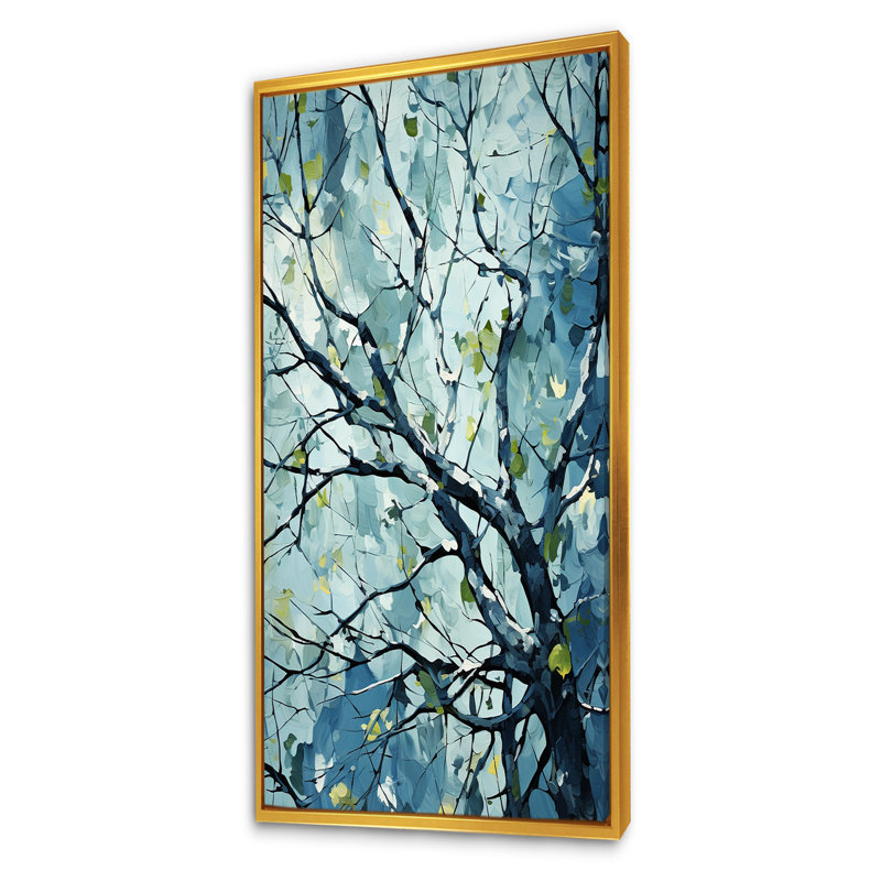 «Blue Springtime Basswood Tree», art mural arbre, H 60 po x l 28 po x P 1,5 po, Cadre flottant doré