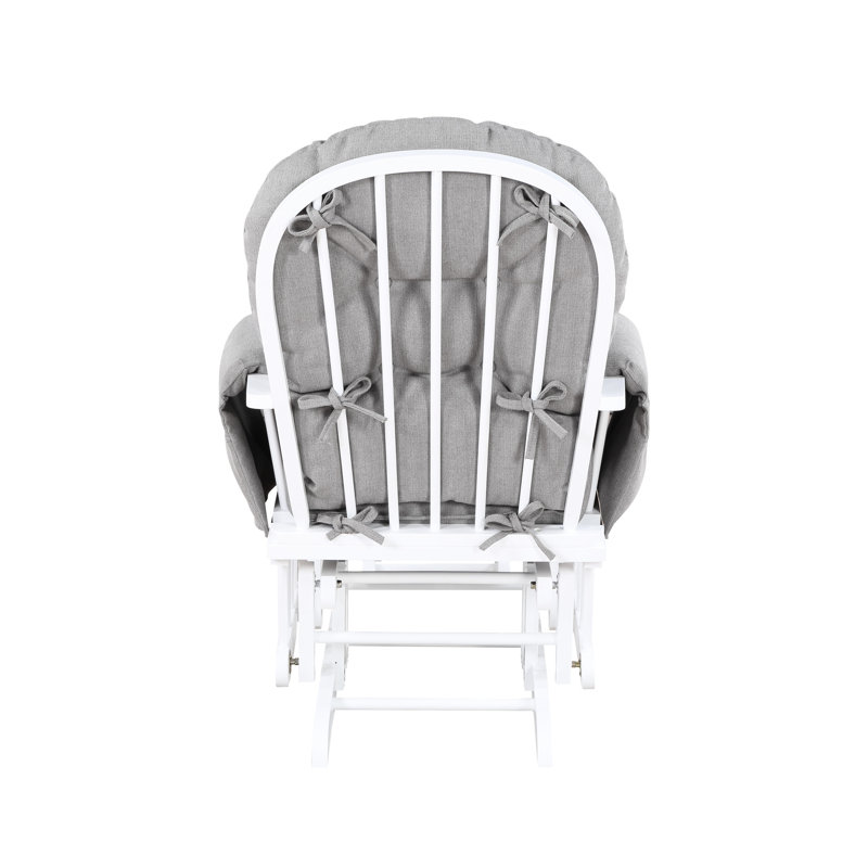 Fauteuil à bascule Mason en bois blanc et tissu couleur huître - Paisible dans la chambre d'enfant, mouvement de glissement doux, coussin de dossier, rangement latéral, accoudoirs de style classique gris chiné, glissement silencieux, dossier capitonné, accoudoirs traditionnels