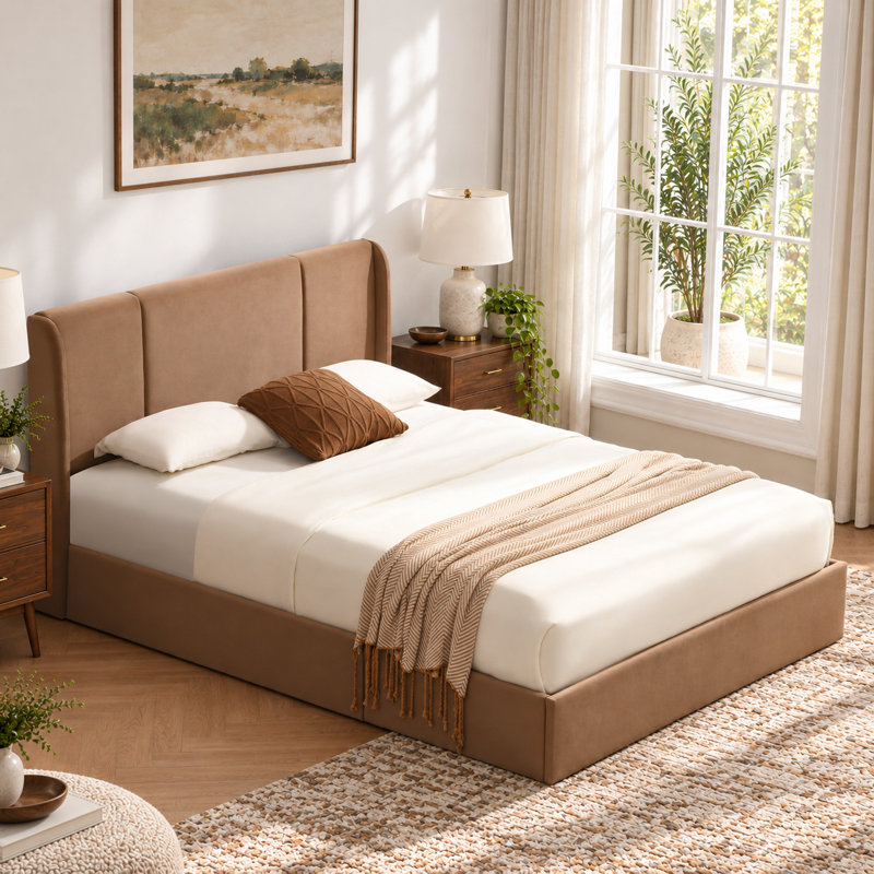 Lit plateforme tapissier Coletti, Grand lit, Brun