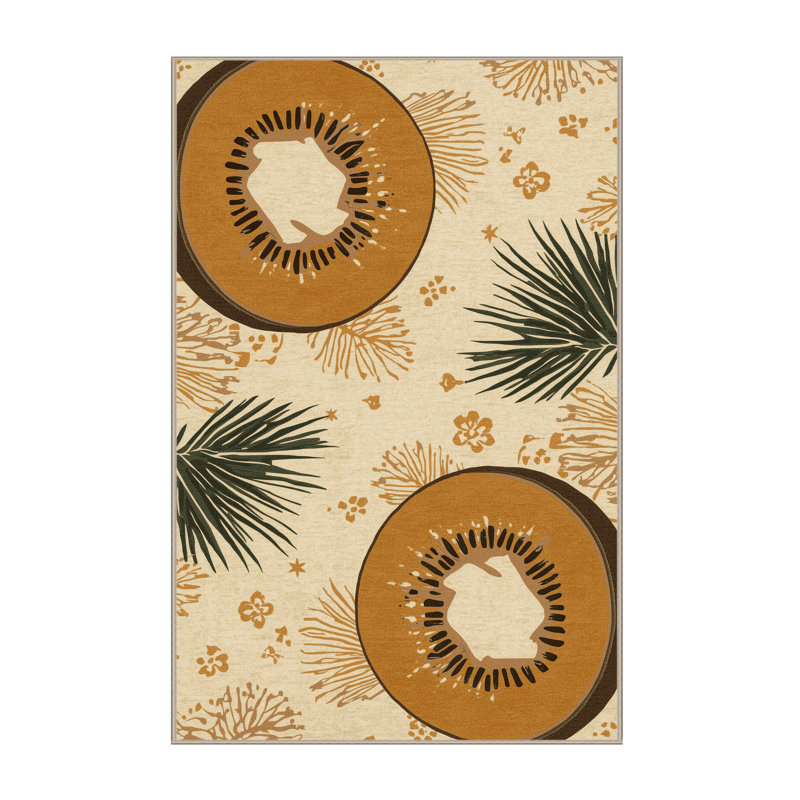 Machine Washable Higgins Kiwi Tropical Floral Rug in Beige – Beige Binding, 7x10