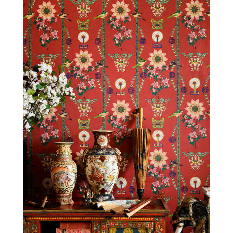 Chinese Garden Floral Wallpaper Roll, Absinthe Green/Pink/Yellow
