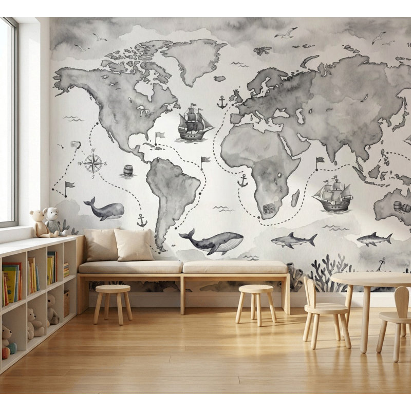 Papier peint carte du monde océan nautique, Peler et coller, 200 po x 120 po