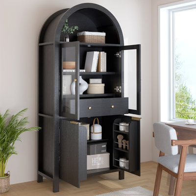 Fluted Tall Arched Pantry Cabinet with Adjustable Shelves, Elegant Display Storage with Hidden Drawer & Glass Door