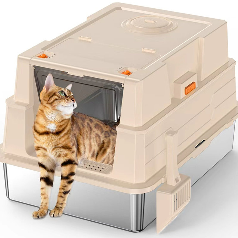 Grande boîte à litière en acier inoxydable pour chat, à côtés hauts et à fuite, pour garder la maison propre, lavable, incluse, boîte en acier de 16,54 po de hauteur, à côtés, pour faciliter le rangement