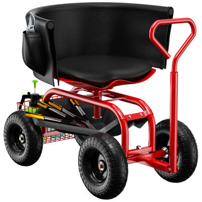 Siège de jardin roulant avec roulettes, tabouret de jardin avec siège pivotant à 360 ° réglable, panier de rangement et poignée extensible, scooter de jardinage extérieur, tabouret de jardin avec chariot de travail pour les personnes âgées