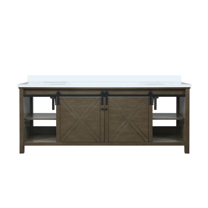 Meuble-lavabo double Ketchum, Brun rustique, Quartz blanc, 84"