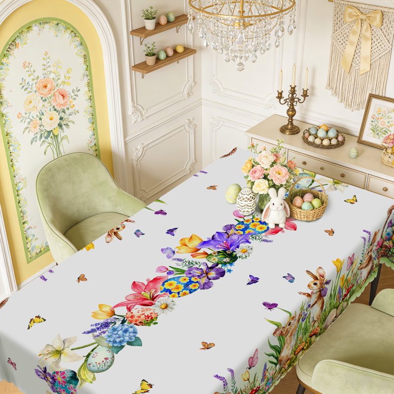 Elegant Easter Floral & Bunny Tablecloth - Watercolor Wreath Printed Fabric Cover, Scalloped-Edge Reusable Tablecloth for Easter Gatherings, Brunch | Decorative Pastel Flower & Egg Table Decor for Dining Tables