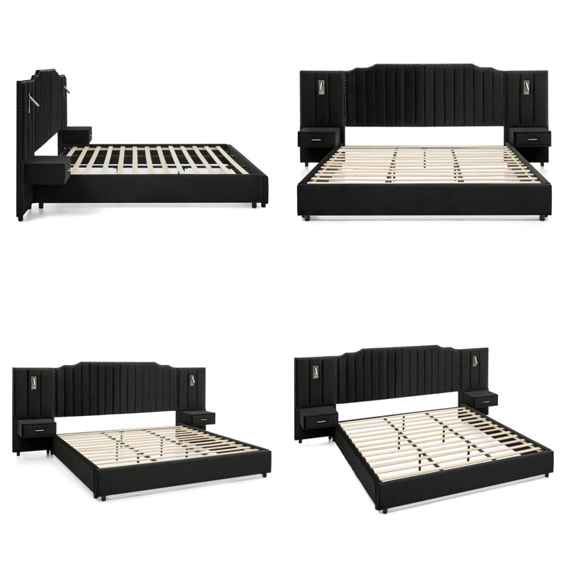 King Size Upholstered Bed Frame with Velvet Headboard, Vertical Stripe & Button Design, Integrated Bedside Table & Adjustable Lamps, Modern Platform Bed - No Box Spring Needed