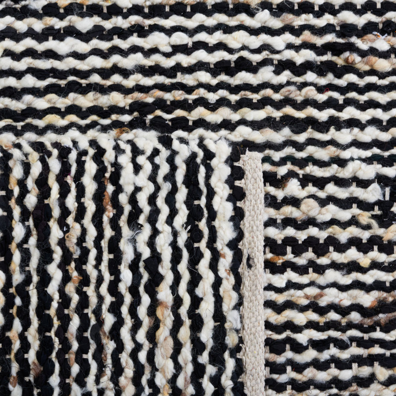 Jeanann Flat Weave Wool/Cotton Rug in White/Black, Rectangle 5' x 8'