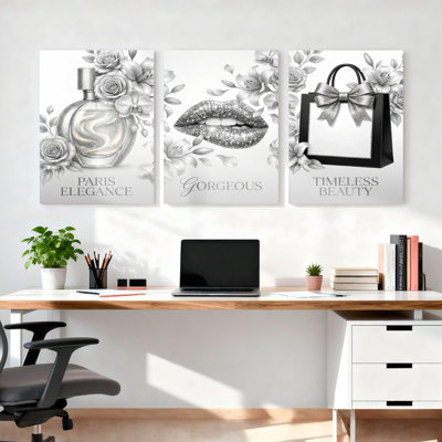 Paris Elegance Perfume Gorgeous Lips And Shopping Bag Canvas Wrapped Wall Art Oil Painting Print Set Of 3 For Living Room Bedroom Decor