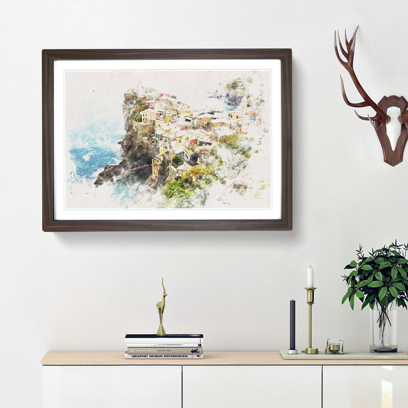 View Of Cinque Terre In Italy Watercolour - Framed Print, 62cm H x 87cm W x 2cm D, Walnut