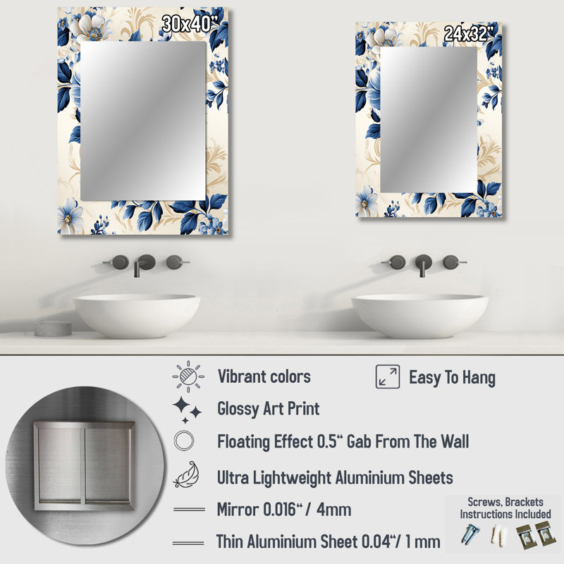 Motif de style victorien en treillis camée bleu de cobalt de Happy - miroir floral, miroir mural décoratif floral, impression d'art en métal