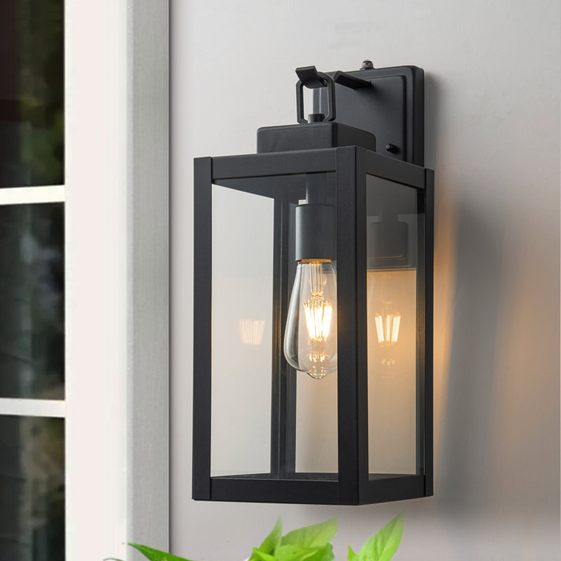 Mauriello Dusk to Dawn Matte Black Modern Outdoor Wall Lantern, 16" H x 6" W x 7.75" D