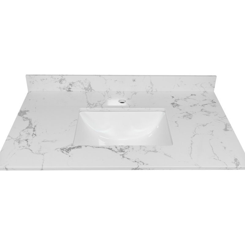 37Inch Bathroom Vanity Top - White Stone With Rectangular Undermount Ceramic Sink Luxury Element Modern Essential