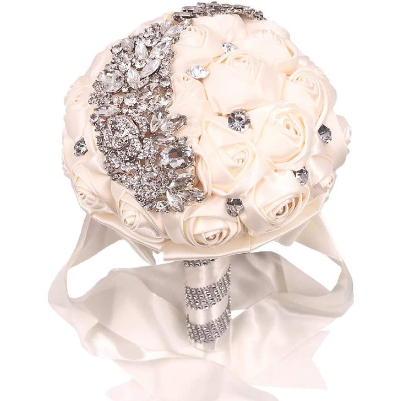 Mariage et bouquet de quinceanera fleur de satin rose avec cristal strass scintillant , Ivoire