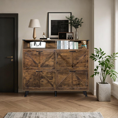Farmhouse Shoe Cabinet with 4 Flip Drawers and Open Storage, Narrow Freestanding Organizer for Entryway