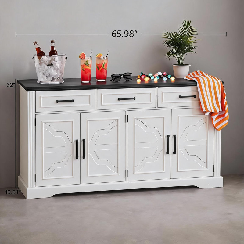 66" Modern Farmhouse Sideboard Buffet Cabinet with Storage, Embossed 3 Drawers and 4 Doors Storage Cabinet, Large Coffee Bar Station for Dining Room Kitchen Living Room.