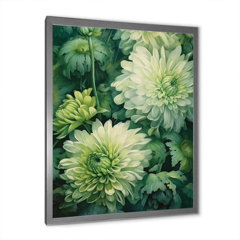 «Green Green White Chrysanthemums Melody II», reproduction sur toile, Cadre simple argenté, H 20 po x l 12 po x P 1 po