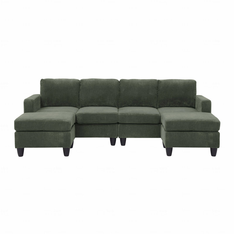 Basic Sectional Sofa, Modular Corduroy  Sofa With Ottoman, Green Corduroy