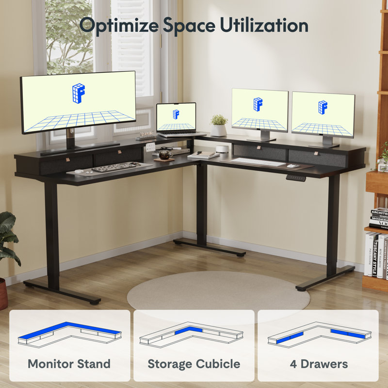 L Shaped Standing Desk With Drawers, Shelf, Adjustable Gaming Table For Home, Office, Gamer, Black/Black