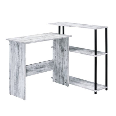 Bureau rectangulaire en forme de L, blanc antique et noir, avec tablette latérale à 3 niveaux, aménagement de bureau
