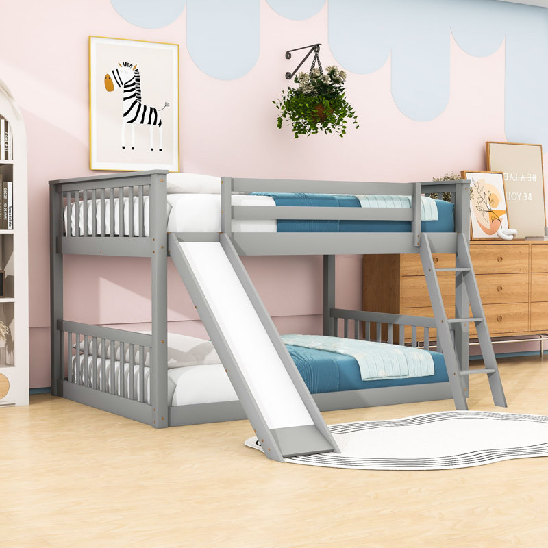 Lit superposé double au-dessus de double avec glissière réversible et échelle, Gris