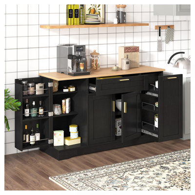 Buffet de rangement multifonctionnel, table à manger extensible, étagères réglables, étagère coulissante à 3 niveaux, rangement îlot pour cuisine, salle à manger, salon (noir)