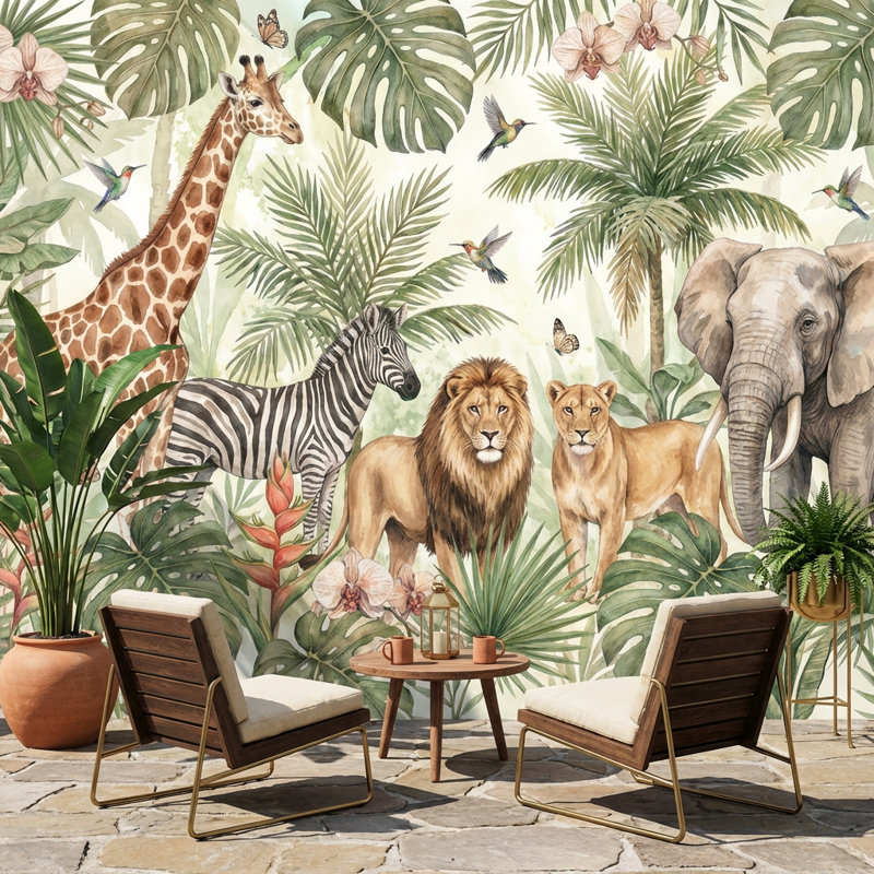 Papier peint animaux de la jungle, aquarelle tropicale, 140 po x 108 po, Peler et coller