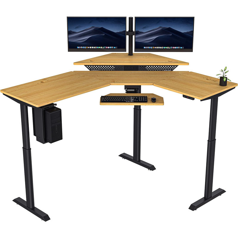 Station de travail debout à hauteur réglable en L PowerLift® avec ports et prises USB, Noir, Naturel