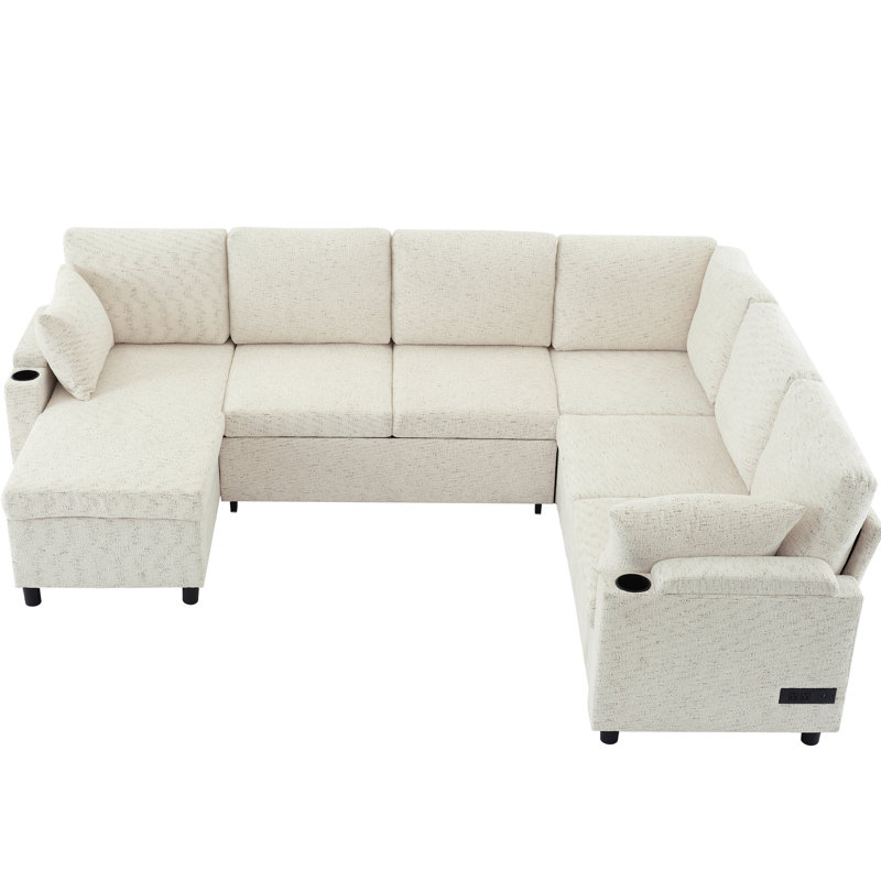 U-Shaped Sectional With Soft Chenille & Armrest Storage, Beige Upholstered Hidden Chaise Storage Charging,, Beige Chenille