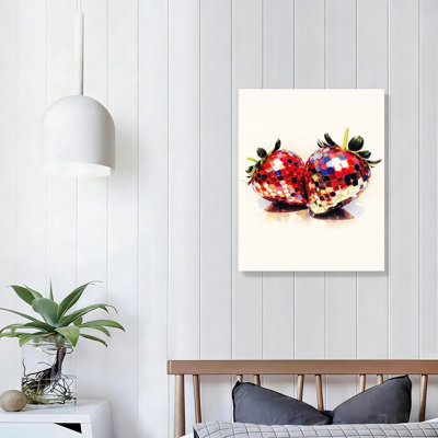 Red Strawberry Wall Decor Girls Room - Fruit Theme Wall Art Disco Ball Poster Canvas Painting, 20L x 16W
