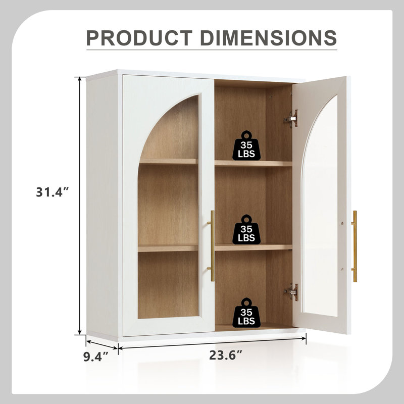 Modern Arched Bathroom Wall Cabinet with Glass Doors, White-1PCS , White, 1