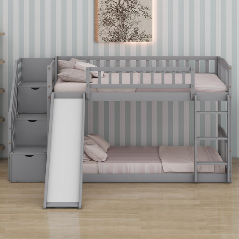 Lit superposé avec escalier de rangement et glissade, Gris