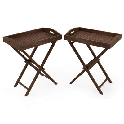 2 Pcs Solid Teak Wood Tray Table 28" High Folding Table With Removable Tray Top