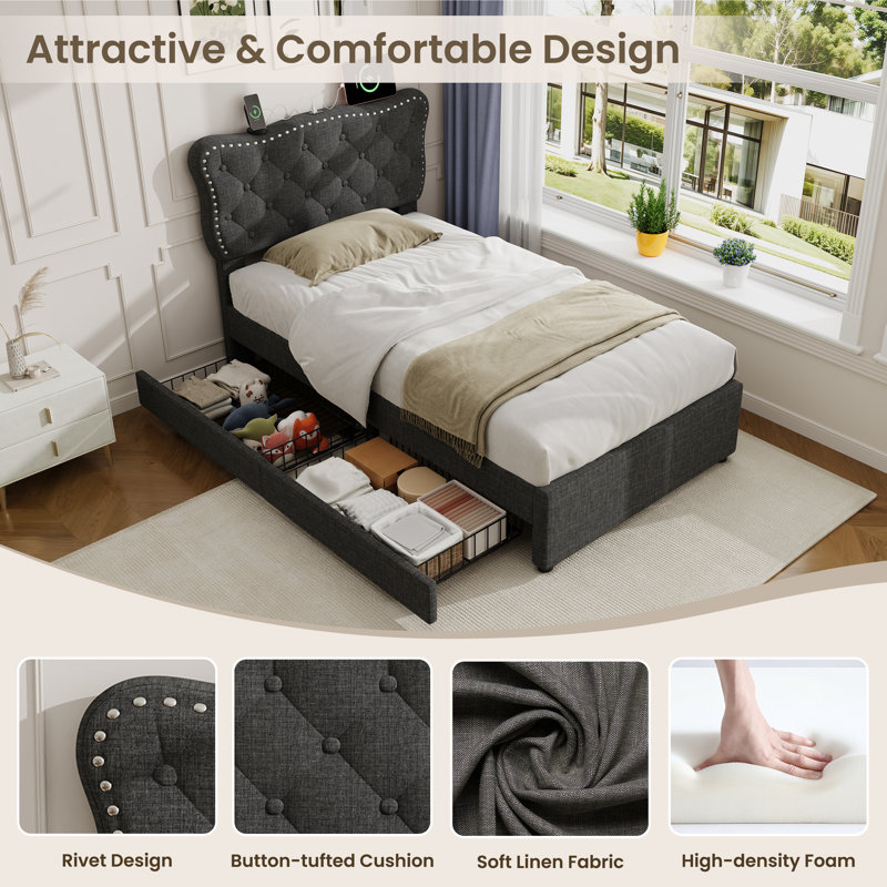 Upholstered Storage Bed, Grey
