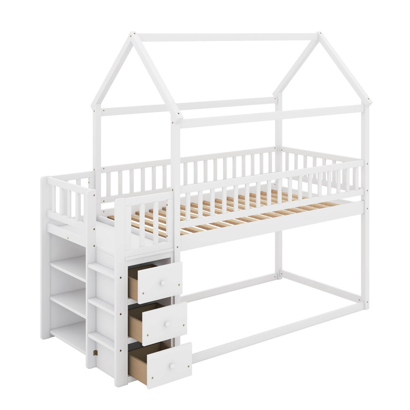 Twin Over Twin House Bunk Bed With Shelves And Drawers, White
